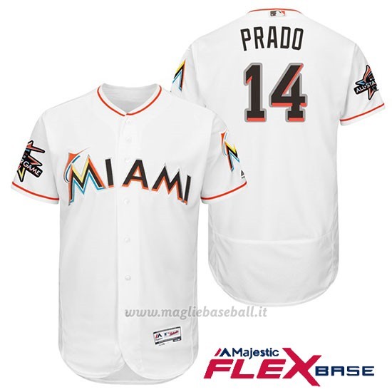 Maglia Baseball Uomo Miami Marlins 14 Martin Prado Bianco 2017 Flex Base